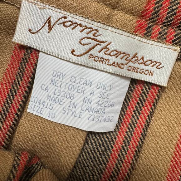 Vintage Norm Thompson Pleated Tan Red Black 100% Wool Striped Flared Skirt 10 - Picture 5 of 7